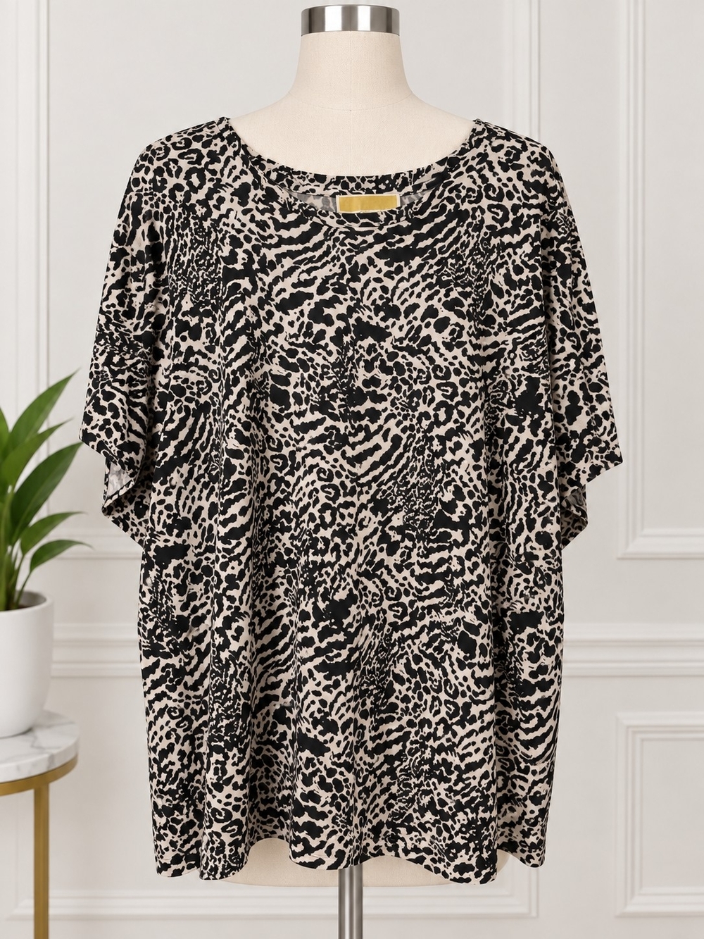 Michael Kors Black and Cream Animal-Print Short-Sleeve Blouse